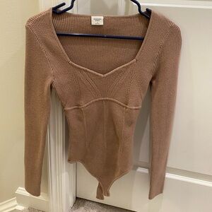 Abercrombie & Fitch Tan Long Sleeve Ribbed Sweater Bodysuit